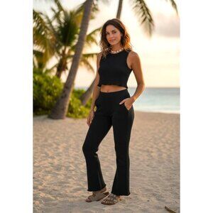 Free People Beach karina Sweater Black Textured Knit Flared Pants X-Small